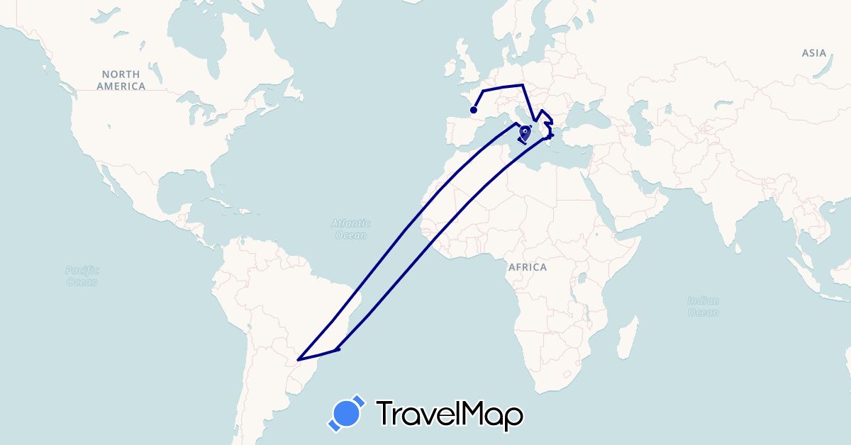 TravelMap itinerary: driving in Bulgaria, Brazil, Czech Republic, France, Greece, Croatia, Italy, Montenegro, Macedonia, Serbia (Europe, South America)